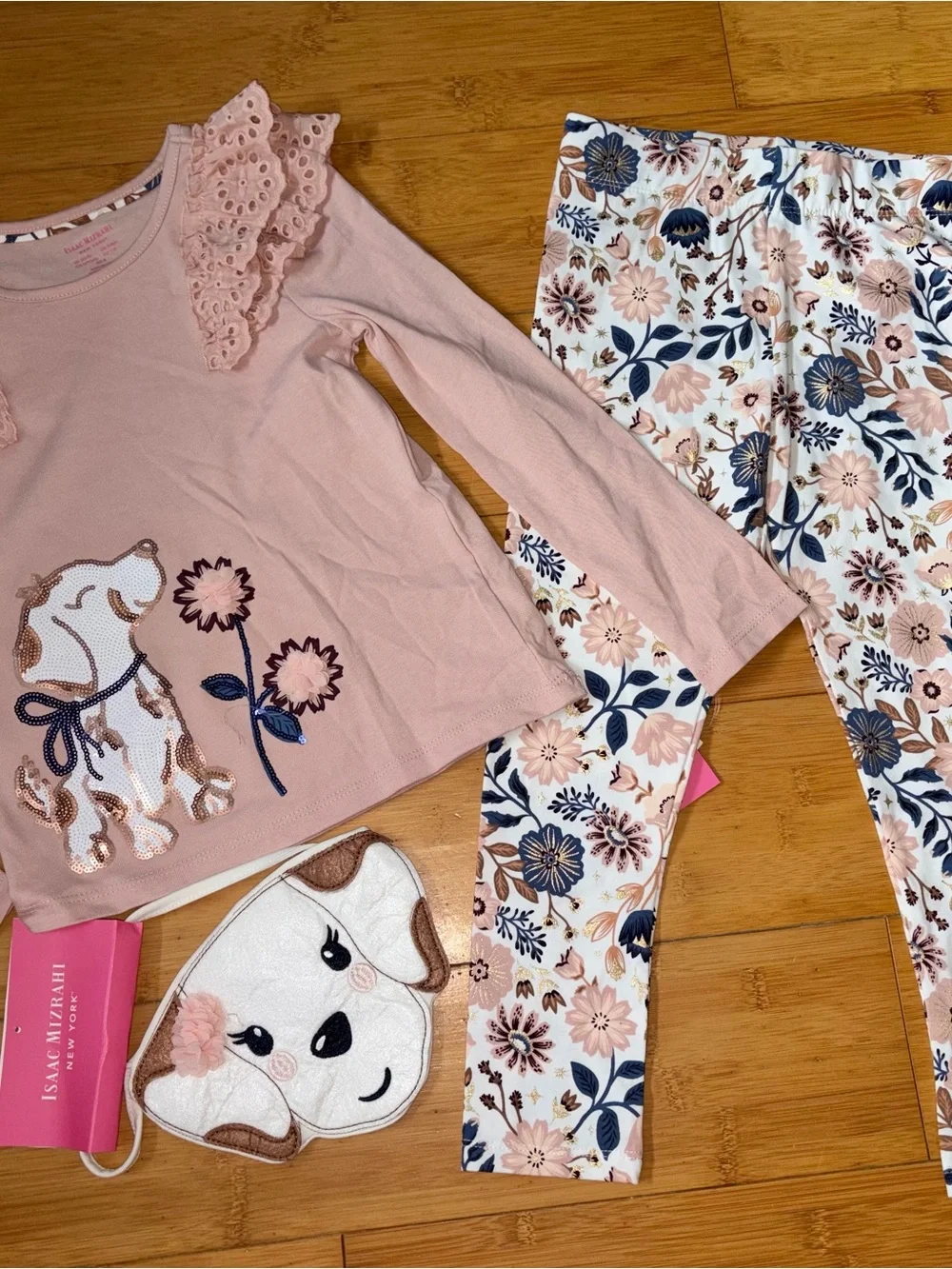 NWT Girl’s Size 5-6 Dog Outfit - LS Top, Print Leggings Pants & Purse Set